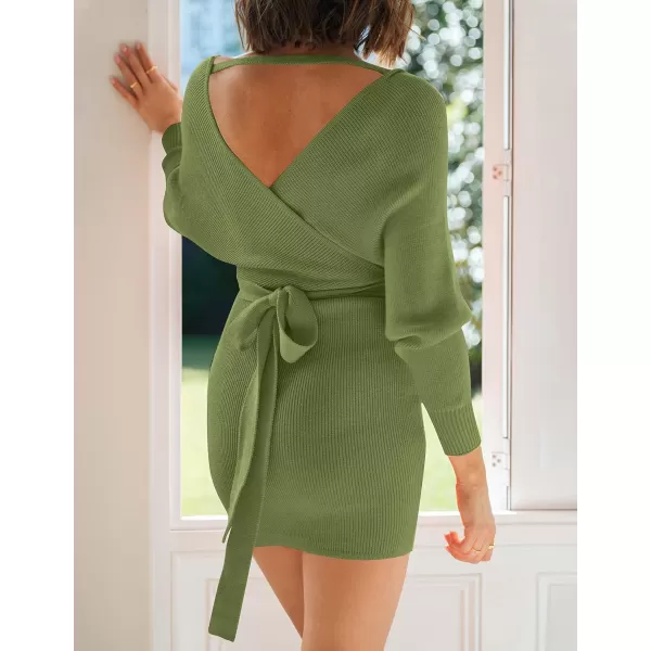 imageZESICA Womens 2023 Fall Long Batwing Sleeve Wrap V Neck Knitted Backless Bodycon Pullover Sweater Dress with BeltOlive
