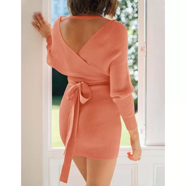 imageZESICA Womens 2023 Fall Long Batwing Sleeve Wrap V Neck Knitted Backless Bodycon Pullover Sweater Dress with BeltPeach