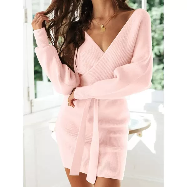 imageZESICA Womens 2023 Fall Long Batwing Sleeve Wrap V Neck Knitted Backless Bodycon Pullover Sweater Dress with BeltPink