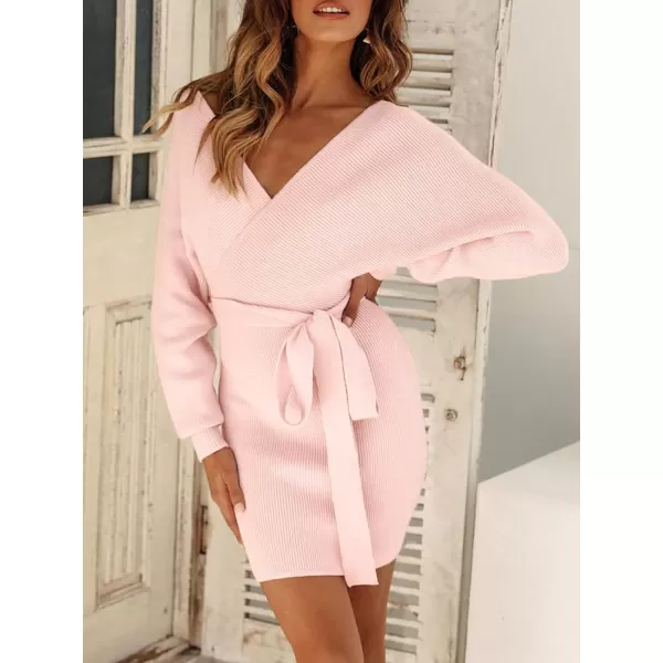 imageZESICA Womens 2023 Fall Long Batwing Sleeve Wrap V Neck Knitted Backless Bodycon Pullover Sweater Dress with BeltPink