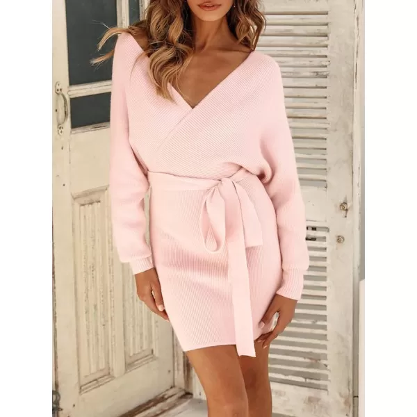imageZESICA Womens 2023 Fall Long Batwing Sleeve Wrap V Neck Knitted Backless Bodycon Pullover Sweater Dress with BeltPink