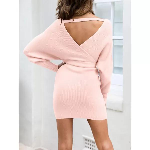 imageZESICA Womens 2023 Fall Long Batwing Sleeve Wrap V Neck Knitted Backless Bodycon Pullover Sweater Dress with BeltPink