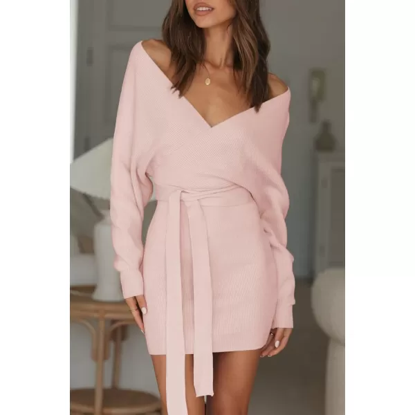 imageZESICA Womens 2023 Fall Long Batwing Sleeve Wrap V Neck Knitted Backless Bodycon Pullover Sweater Dress with BeltPink
