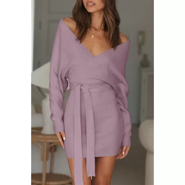 imageZESICA Womens 2023 Fall Long Batwing Sleeve Wrap V Neck Knitted Backless Bodycon Pullover Sweater Dress with BeltPurple