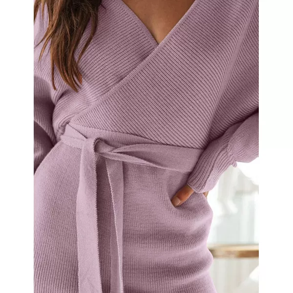 imageZESICA Womens 2023 Fall Long Batwing Sleeve Wrap V Neck Knitted Backless Bodycon Pullover Sweater Dress with BeltPurple