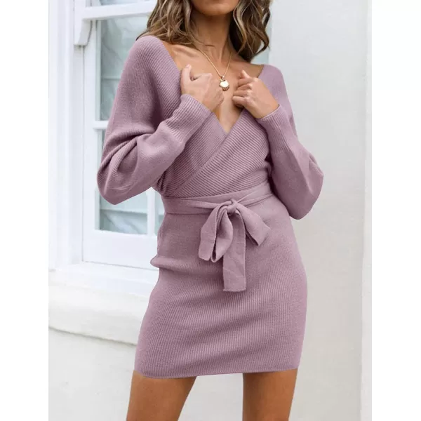 imageZESICA Womens 2023 Fall Long Batwing Sleeve Wrap V Neck Knitted Backless Bodycon Pullover Sweater Dress with BeltPurple