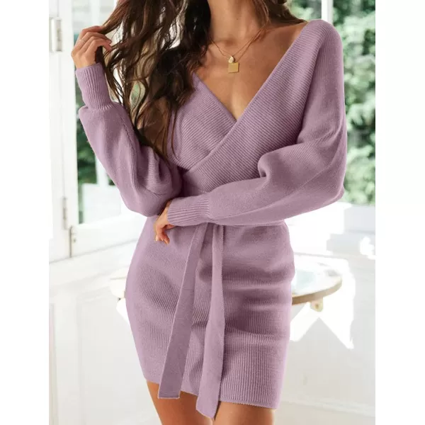 imageZESICA Womens 2023 Fall Long Batwing Sleeve Wrap V Neck Knitted Backless Bodycon Pullover Sweater Dress with BeltPurple