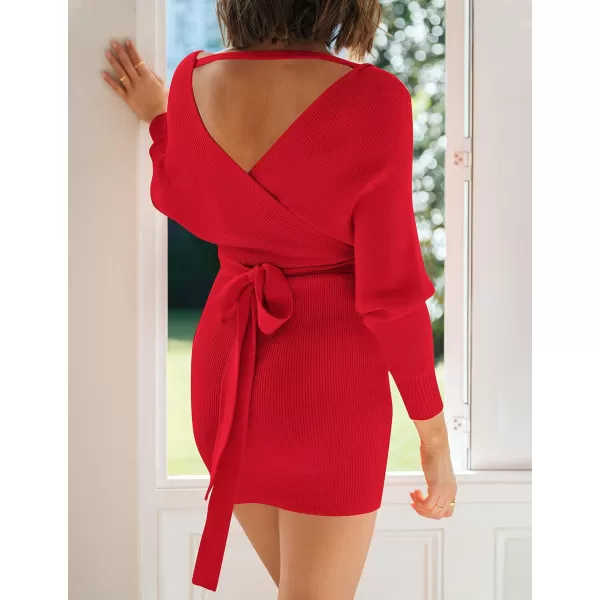 imageZESICA Womens 2023 Fall Long Batwing Sleeve Wrap V Neck Knitted Backless Bodycon Pullover Sweater Dress with BeltRed