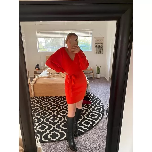 imageZESICA Womens 2023 Fall Long Batwing Sleeve Wrap V Neck Knitted Backless Bodycon Pullover Sweater Dress with BeltRustred