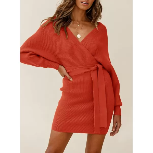 imageZESICA Womens 2023 Fall Long Batwing Sleeve Wrap V Neck Knitted Backless Bodycon Pullover Sweater Dress with BeltRustred