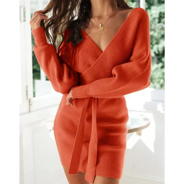 imageZESICA Womens 2023 Fall Long Batwing Sleeve Wrap V Neck Knitted Backless Bodycon Pullover Sweater Dress with BeltRustred
