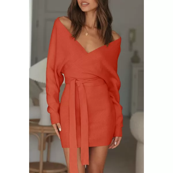 imageZESICA Womens 2023 Fall Long Batwing Sleeve Wrap V Neck Knitted Backless Bodycon Pullover Sweater Dress with BeltRustred
