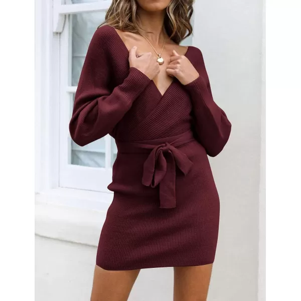 imageZESICA Womens 2023 Fall Long Batwing Sleeve Wrap V Neck Knitted Backless Bodycon Pullover Sweater Dress with BeltWine