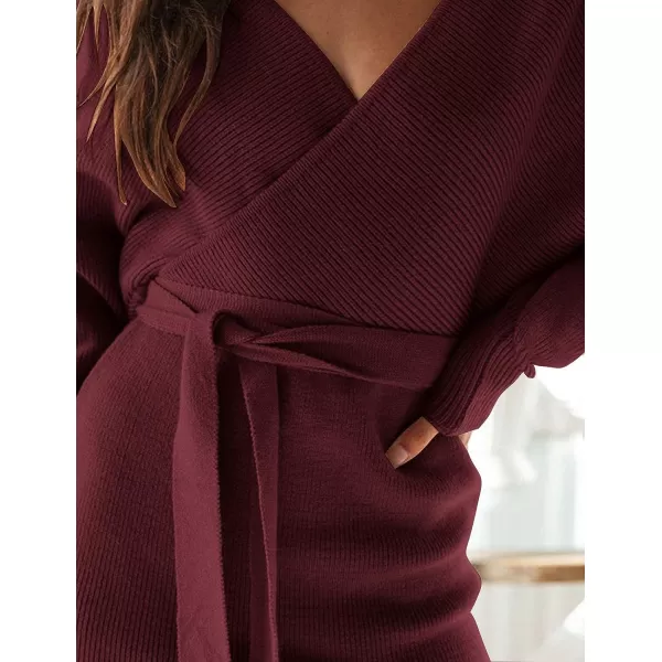 imageZESICA Womens 2023 Fall Long Batwing Sleeve Wrap V Neck Knitted Backless Bodycon Pullover Sweater Dress with BeltWine