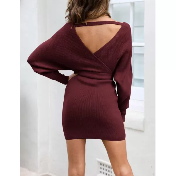 imageZESICA Womens 2023 Fall Long Batwing Sleeve Wrap V Neck Knitted Backless Bodycon Pullover Sweater Dress with BeltWine