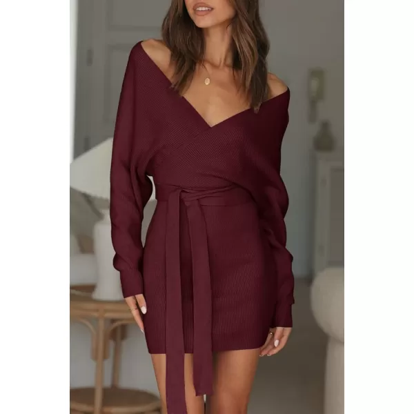 imageZESICA Womens 2023 Fall Long Batwing Sleeve Wrap V Neck Knitted Backless Bodycon Pullover Sweater Dress with BeltWine