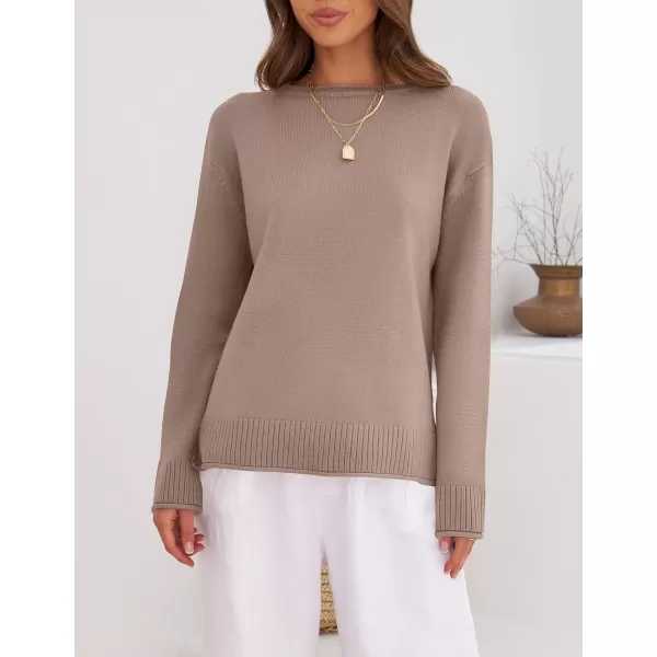 imageZESICA Womens 2023 Fall Long Sleeve Crew Neck Soft Knit Side Slit Comfy Loose Pullover Sweater Jumper TopsAlmond