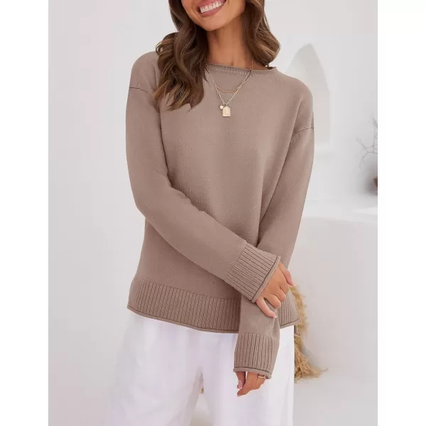 imageZESICA Womens 2023 Fall Long Sleeve Crew Neck Soft Knit Side Slit Comfy Loose Pullover Sweater Jumper TopsAlmond