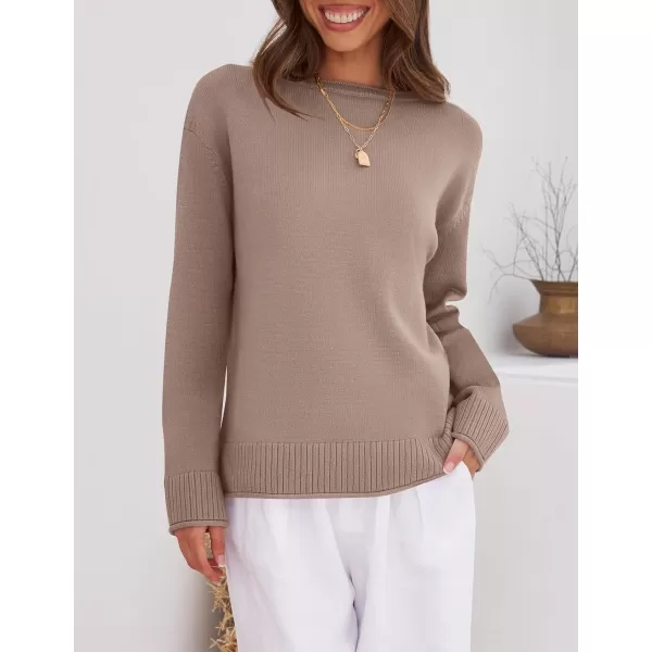 imageZESICA Womens 2023 Fall Long Sleeve Crew Neck Soft Knit Side Slit Comfy Loose Pullover Sweater Jumper TopsAlmond