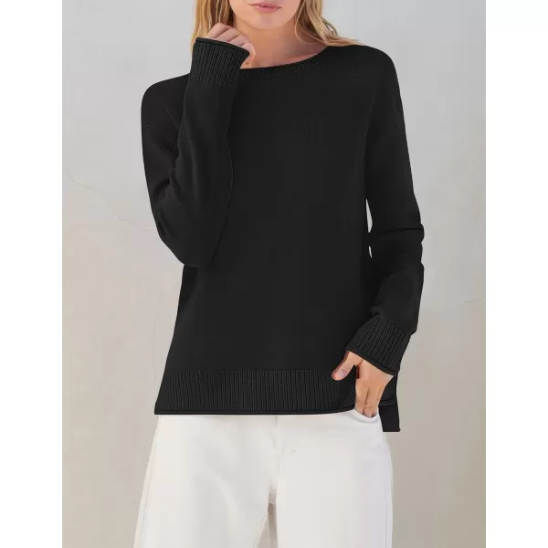 imageZESICA Womens 2023 Fall Long Sleeve Crew Neck Soft Knit Side Slit Comfy Loose Pullover Sweater Jumper TopsBlack