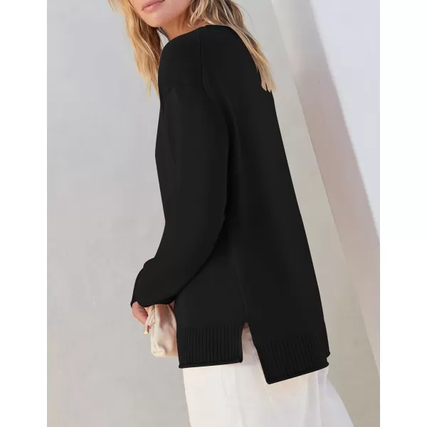 imageZESICA Womens 2023 Fall Long Sleeve Crew Neck Soft Knit Side Slit Comfy Loose Pullover Sweater Jumper TopsBlack