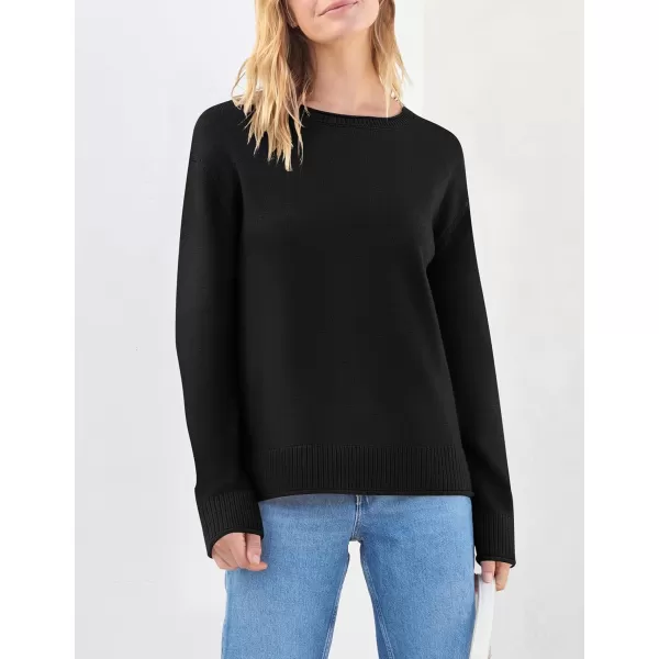 imageZESICA Womens 2023 Fall Long Sleeve Crew Neck Soft Knit Side Slit Comfy Loose Pullover Sweater Jumper TopsBlack