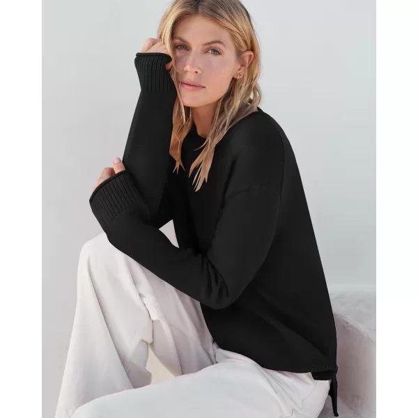 imageZESICA Womens 2023 Fall Long Sleeve Crew Neck Soft Knit Side Slit Comfy Loose Pullover Sweater Jumper TopsBlack
