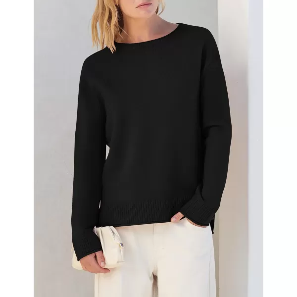 imageZESICA Womens 2023 Fall Long Sleeve Crew Neck Soft Knit Side Slit Comfy Loose Pullover Sweater Jumper TopsBlack