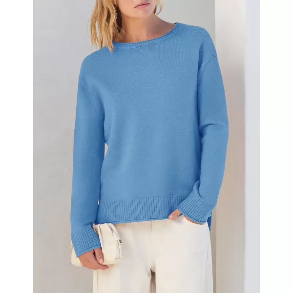 imageZESICA Womens 2023 Fall Long Sleeve Crew Neck Soft Knit Side Slit Comfy Loose Pullover Sweater Jumper TopsBlue