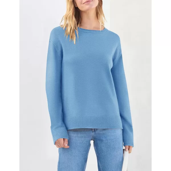 imageZESICA Womens 2023 Fall Long Sleeve Crew Neck Soft Knit Side Slit Comfy Loose Pullover Sweater Jumper TopsBlue