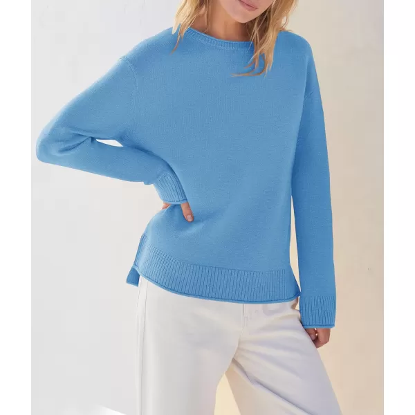 imageZESICA Womens 2023 Fall Long Sleeve Crew Neck Soft Knit Side Slit Comfy Loose Pullover Sweater Jumper TopsBlue