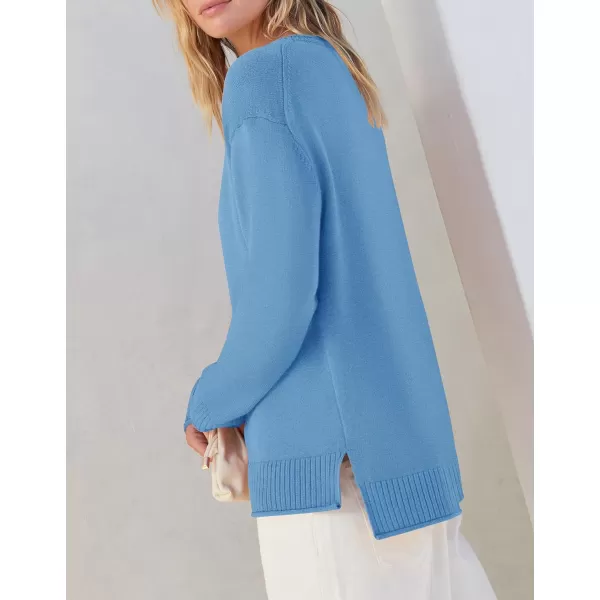imageZESICA Womens 2023 Fall Long Sleeve Crew Neck Soft Knit Side Slit Comfy Loose Pullover Sweater Jumper TopsBlue