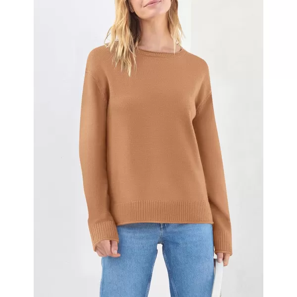 imageZESICA Womens 2023 Fall Long Sleeve Crew Neck Soft Knit Side Slit Comfy Loose Pullover Sweater Jumper TopsCamel