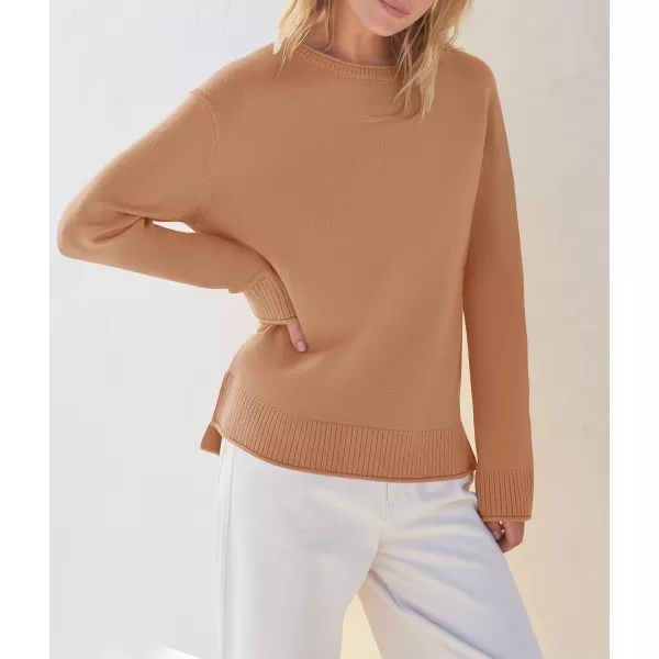 imageZESICA Womens 2023 Fall Long Sleeve Crew Neck Soft Knit Side Slit Comfy Loose Pullover Sweater Jumper TopsCamel