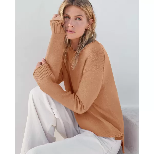 imageZESICA Womens 2023 Fall Long Sleeve Crew Neck Soft Knit Side Slit Comfy Loose Pullover Sweater Jumper TopsCamel