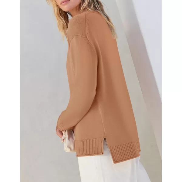 imageZESICA Womens 2023 Fall Long Sleeve Crew Neck Soft Knit Side Slit Comfy Loose Pullover Sweater Jumper TopsCamel
