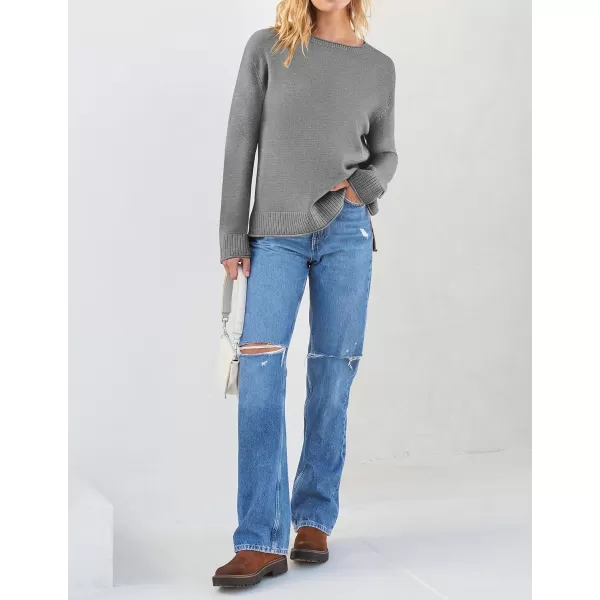 imageZESICA Womens 2023 Fall Long Sleeve Crew Neck Soft Knit Side Slit Comfy Loose Pullover Sweater Jumper TopsGrey