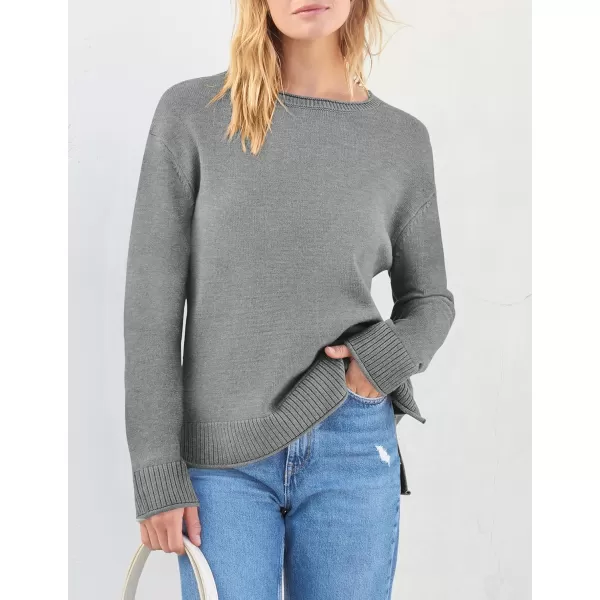 imageZESICA Womens 2023 Fall Long Sleeve Crew Neck Soft Knit Side Slit Comfy Loose Pullover Sweater Jumper TopsGrey