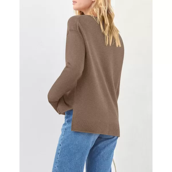 imageZESICA Womens 2023 Fall Long Sleeve Crew Neck Soft Knit Side Slit Comfy Loose Pullover Sweater Jumper TopsMocha