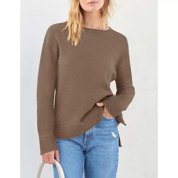 imageZESICA Womens 2023 Fall Long Sleeve Crew Neck Soft Knit Side Slit Comfy Loose Pullover Sweater Jumper TopsMocha