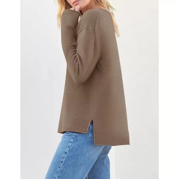 imageZESICA Womens 2023 Fall Long Sleeve Crew Neck Soft Knit Side Slit Comfy Loose Pullover Sweater Jumper TopsMocha