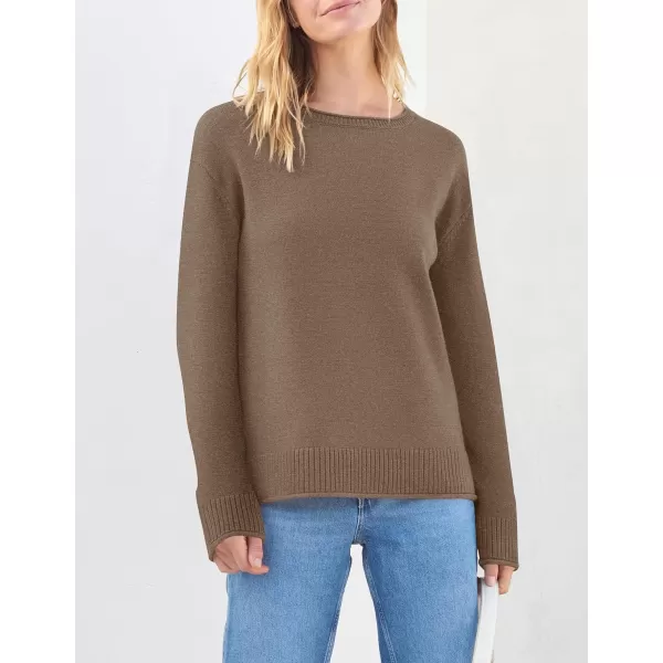 imageZESICA Womens 2023 Fall Long Sleeve Crew Neck Soft Knit Side Slit Comfy Loose Pullover Sweater Jumper TopsMocha
