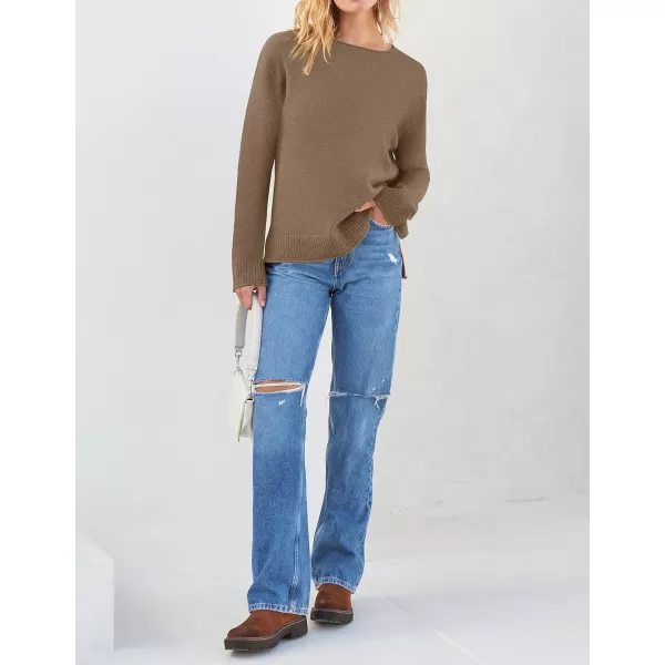 imageZESICA Womens 2023 Fall Long Sleeve Crew Neck Soft Knit Side Slit Comfy Loose Pullover Sweater Jumper TopsMocha