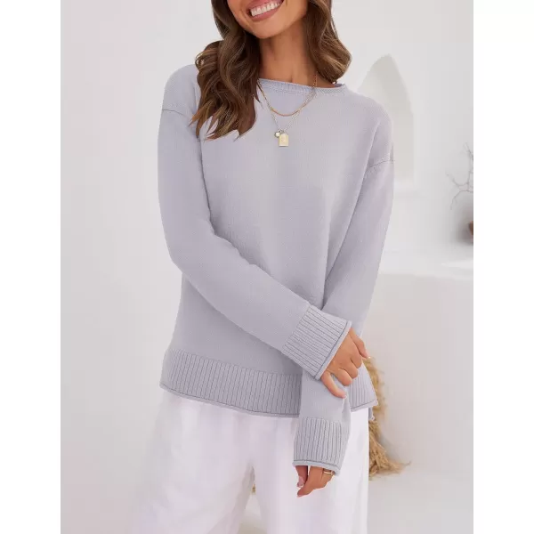 imageZESICA Womens 2023 Fall Long Sleeve Crew Neck Soft Knit Side Slit Comfy Loose Pullover Sweater Jumper TopsPurple