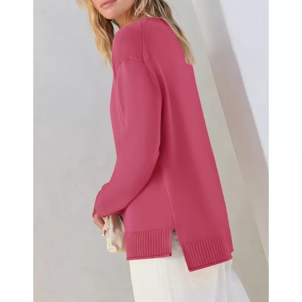 imageZESICA Womens 2023 Fall Long Sleeve Crew Neck Soft Knit Side Slit Comfy Loose Pullover Sweater Jumper TopsRose