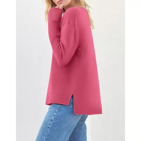 imageZESICA Womens 2023 Fall Long Sleeve Crew Neck Soft Knit Side Slit Comfy Loose Pullover Sweater Jumper TopsRose