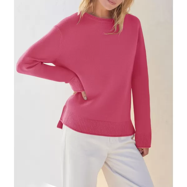 imageZESICA Womens 2023 Fall Long Sleeve Crew Neck Soft Knit Side Slit Comfy Loose Pullover Sweater Jumper TopsRose