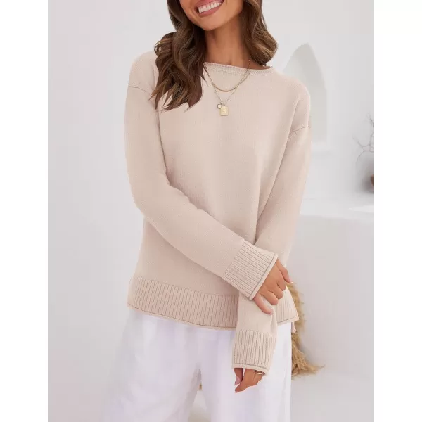 imageZESICA Womens 2023 Fall Long Sleeve Crew Neck Soft Knit Side Slit Comfy Loose Pullover Sweater Jumper TopsSand