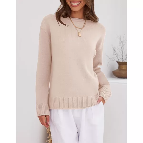 imageZESICA Womens 2023 Fall Long Sleeve Crew Neck Soft Knit Side Slit Comfy Loose Pullover Sweater Jumper TopsSand