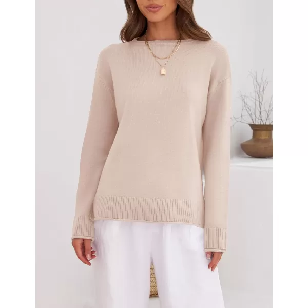 imageZESICA Womens 2023 Fall Long Sleeve Crew Neck Soft Knit Side Slit Comfy Loose Pullover Sweater Jumper TopsSand